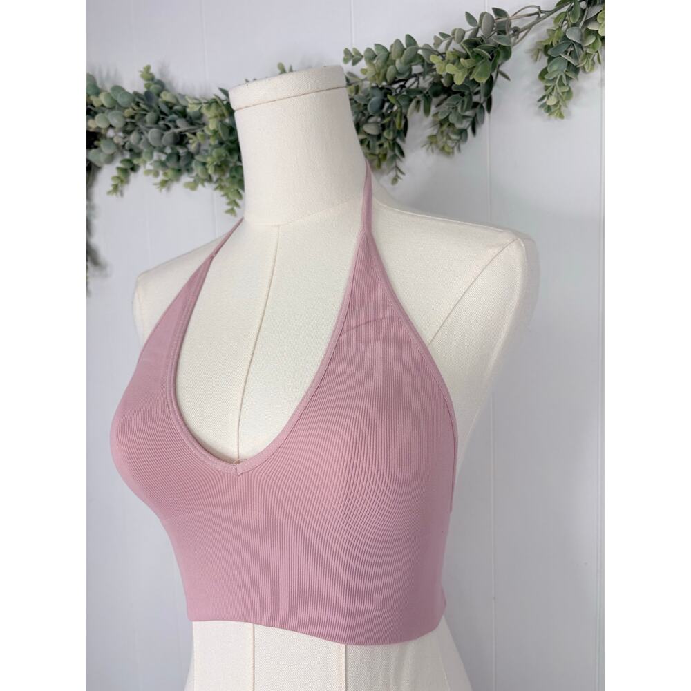 🧺 5 for $25 Sale Free People Ribbed Seamless Halter T Back Bralette XS/S Pink - Picture 3 of 8